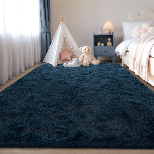 Zentavio Rugs for Boys Room Blue 3x5 Area Rugs for Living Room Small Navy Carpet for Bedroom Washable Soft Fluffy Shag Aesthetic Plush High Pile Throw Rug for Nursery Kids Room Dorm Room - color: Navy Blue, size: 3' x 5' (Rectangular)
