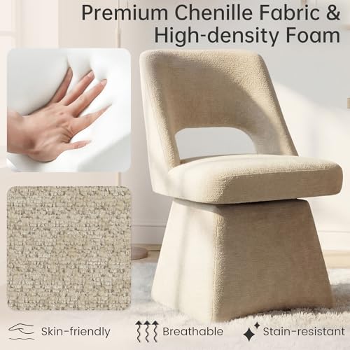 VKNOW Upholstered Swivel Dining Chair with Curved Open Back | Modern Dining Room Chairs with Chenille Fabric, Space-saving, Easy Assembly, for Dining Room, Living Room, Bedroom, Khaki - color: Khaki