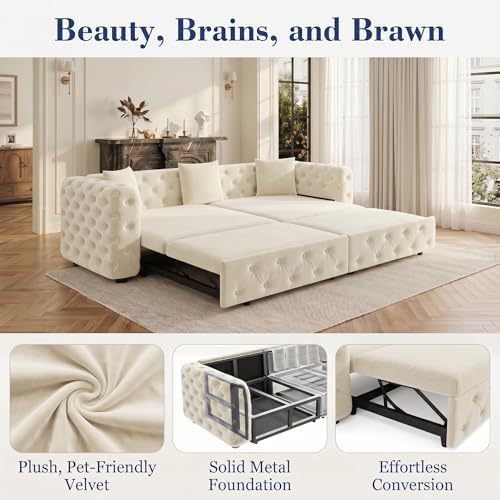 89" 4-Seater Queen Size Pull Out Sofa Bed with 3 Pillows, Beige | 4-Seater Classic Velvet Sofa with Tufted Design,3 Pillows,89" Extra Large 3-in-1 Pull Out Sofa - color: Q-beige-0w3