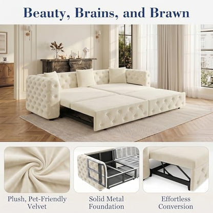 89" 4-Seater Queen Size Pull Out Sofa Bed with 3 Pillows, Beige | 4-Seater Classic Velvet Sofa with Tufted Design,3 Pillows,89" Extra Large 3-in-1 Pull Out Sofa - color: Q-beige-0w3