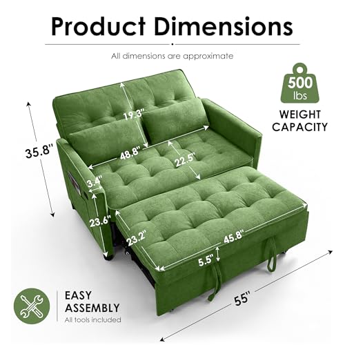 Dreamzie 55'' 3 in 1 Convertible Sofa Bed with USB Charging Ports, Pull Out Couch with Adjustable Backrest and Side Pockets, Sleeper Sofa for Living Room, Apartment, RV, Easy Assembly - Green - color: Green