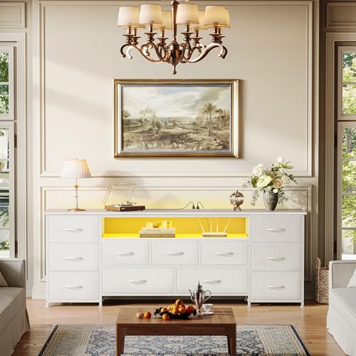 Huuger 63 Inch TV Stand for 65, 70 Inch TV, 11 Drawer Long Dresser with Power Outlets and LED Lights, Entertainment Center with Storage, White Dresser with PU Leather Surface - color: White, size: 13"D x 63"W x 26.8"H