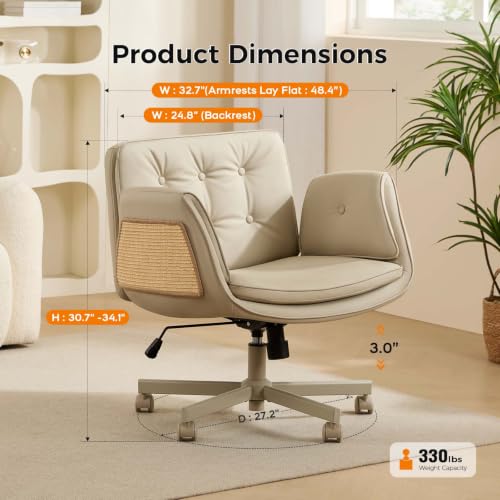 amseatec Criss Cross Office Chair, Swivel Makeup Vanity Chair with Wheels | Wide PU seat for cross-legged, fidget-friendly sitting; 5-level armrests create pet space; wipe-clean; cat scratch pad option - color: Camel Linen