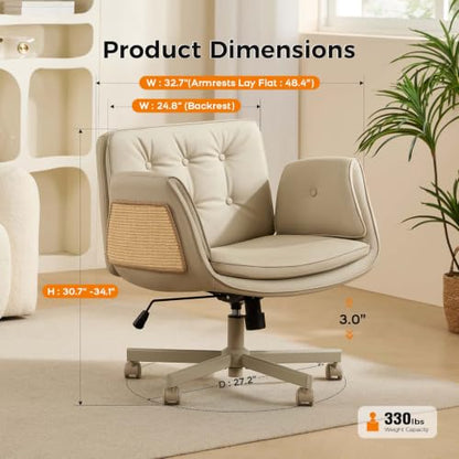 amseatec Criss Cross Office Chair, Swivel Makeup Vanity Chair with Wheels | Wide PU seat for cross-legged, fidget-friendly sitting; 5-level armrests create pet space; wipe-clean; cat scratch pad option - color: Camel Linen