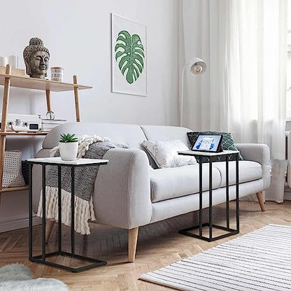 C Shaped Side Table Set of 2, Marble End Table for Sofa and Bed, Couch Table That Slide Under, Snack Side Table for Living Room, Bedroom or Small Spaces, White and Black - color: Black