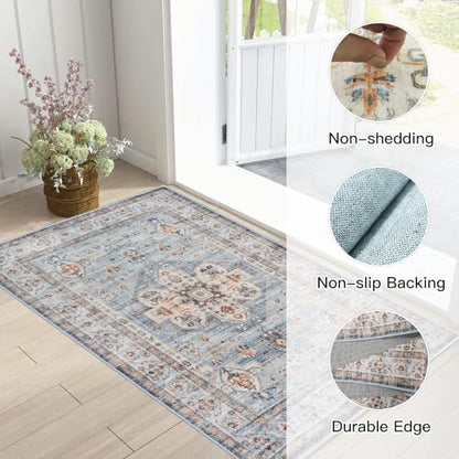 Washable Hallway Runner Rug 2x3: Living Room Rug Farmhouse Distressed Mat | Non Slip Runner Rugs with Rubber Backing Blue- Soft Kitchen Rug - Farmhouse Distressed Carpet Runner for Bedroom Bathroom - color: Blue, size: 2' x 3' (Rectangular)