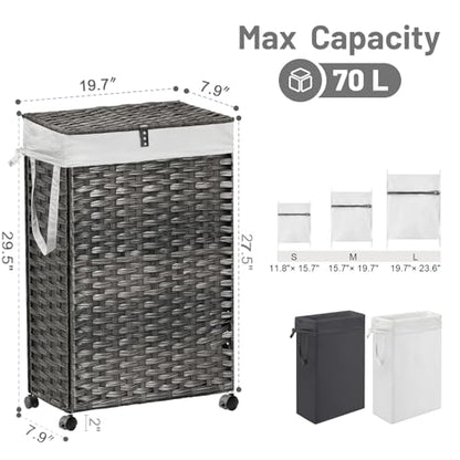 70L Slim Laundry Hamper with Lid & Wheels, Rolling Laundry Basket with 2 Removable Liner Bags & 3 Mesh Bags, Narrow Dirty Clothes Basket, Foldable Handwoven Rattan Laundry Sorter, Grey - color: Grey