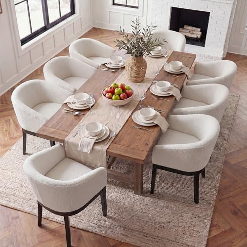 HNY Barrel Dining Chairs Set of 8, Mid Century Modern Upholstered Dining Chairs with Arms, Sherpa Boucle Kitchen & Dining Room Chairs, Solid Wood Frame Accent Chairs for Kitchen, Apartment, White - color: White,black Lges, size: 8 Chairs