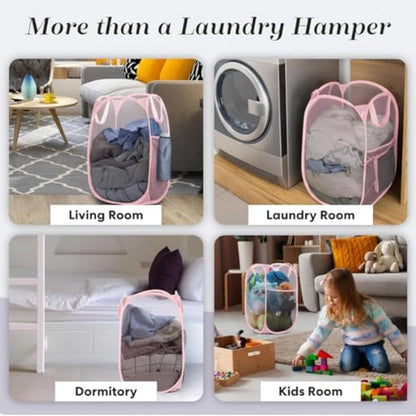 Handy Laundry Collapsible Mesh Pop Up Laundry Hamper with Side Pocket, Breathable & Space-Saving Foldable Basket for Clothes, Toys, Travel, Storage, 14 x 13 x 24 in, Pink - color: Pink
