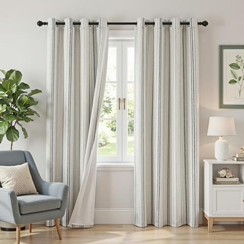 MYSKY HOME Grey Striped Curtains 100% Blackout 84 Inches Long Gray Ticking Stripe Pinstripe Patterned Farmhouse Rustic Linen Blend Double Layer Drapes for Bedroom, Grommet, 2 Panels, 52" Wide - color: Grey/Blackout, size: 52"W x 84"L (Pack of 2)