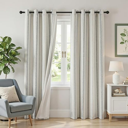 MYSKY HOME Grey Striped Curtains 100% Blackout 84 Inches Long Gray Ticking Stripe Pinstripe Patterned Farmhouse Rustic Linen Blend Double Layer Drapes for Bedroom, Grommet, 2 Panels, 52" Wide - color: Grey/Blackout, size: 52"W x 84"L (Pack of 2)