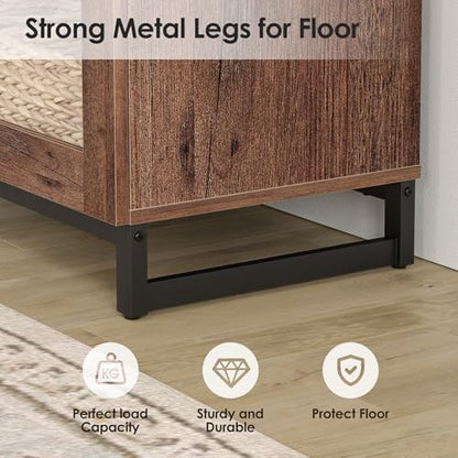 WAMPAT Modern TV Stand with 3 Tiers Bookshelf, Farmhouse Entertainment Center with 12 Drawers and Adjustable Shelf, Media TV Console with Black Metal Leg for Living Room, Begie - color: Brown-b