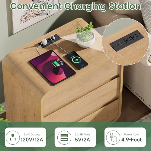 Standifurno Natural Curved Nightstand Set of 2, 23.2" Large Wood Bedside Table with 3 Drawers, Charging Station, Modern Side Table, Mid-Century End Table Night Stand for Bedroom Sofa - color: Natural, size: 3 Drawer(2PC)