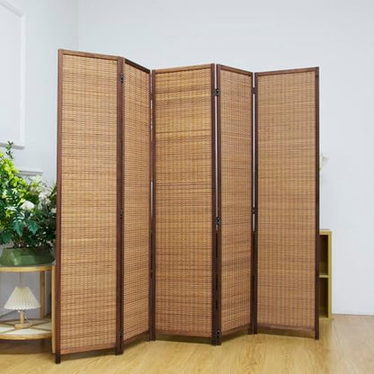 5 Panel Bamboo Room Divider Screen,5.6 FT Tall Bamboo Divider Folding Privacy Screen,Freestanding Panel Divider for Room Seperation,Brown - color: Brown, size: 5 Panel