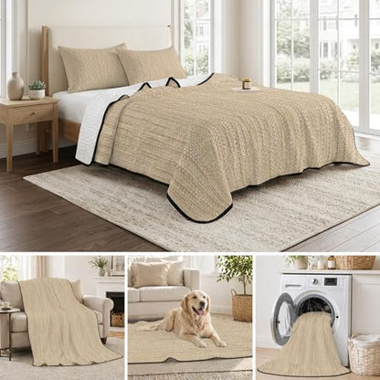 Twin XL Quilt Bedding Set, Minimalist Light Khaki Soft Microfiber Summer Bedspread Coverlet with 2 Pillow Shams for All Season, Crosshatch Linen Textured Breathable Bedding Set for Hot Sleepers - size: Twin XL