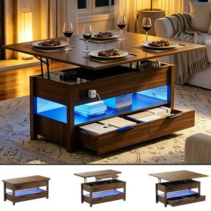 40" Lift Top Smart Coffee Table for Living Room | Power Outlets, LED Lights, Lifting Top, Storage Drawers & Compartments, for 4-6 People, Walnut - color: Walnut