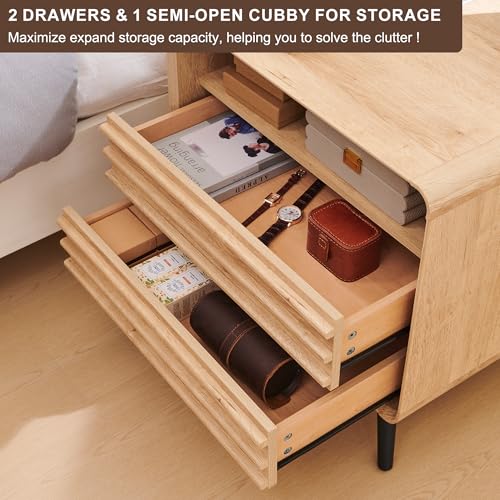 RedLemon 24" Fluted Nightstand with Charge Station, 2 Drawers, Oak | Mid Century Modern, 2 Drawers & Open Cubby Storage, P2 Engineered Wood, Smooth Slides, Easy Assembly, Charge Station