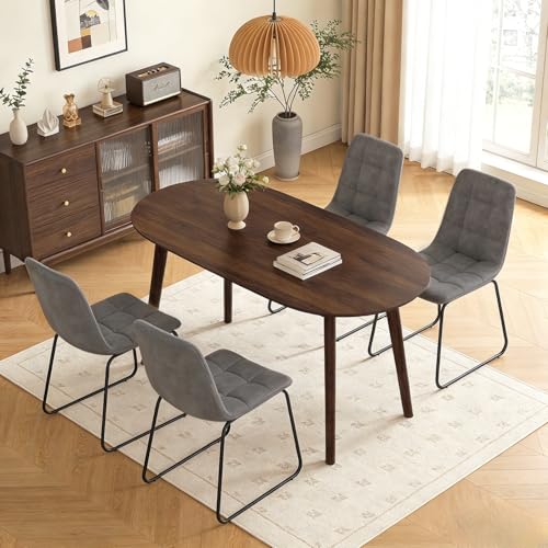 63" Oval Dining Table Set for 4 with Solid Wood Legs | 5 Piece Walnut Dining Table Set for Kitchen and Dining Room Furniture, 4 Grey Dining Chairs, Mid Century Modern - color: Walnut Table C-grey Chairs