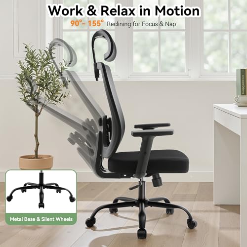Office Chair with Mesh High Back, Ergonomic Office Desk Chair with Adjustable Lumbar Support, Rolling Work Chairs with Wheels and 3D Headrest, Black - color: Black