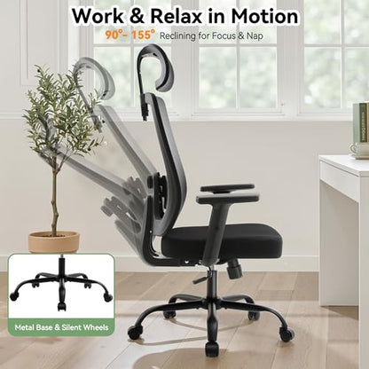 Office Chair with Mesh High Back, Ergonomic Office Desk Chair with Adjustable Lumbar Support, Rolling Work Chairs with Wheels and 3D Headrest, Black - color: Black