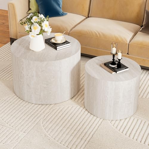 18 inch Round Travertine Nesting Coffee Table Set of 2, Terrazzo | Travertine Veneer, For Living Room, Mid-Century Modern Style, Nestable Design, Circular Nested End Table, For Small Spaces - color: Terrazzo