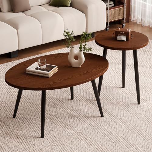 2 Pcs Small Oval Coffee Table,31.5" Retro Walnut Coffee Tables Nesting Tables Set,Easy Assembly Mid Century Modern Coffee Tables for Living Room Office,Coffee Table and End Table Sets - color: Oval-walnut