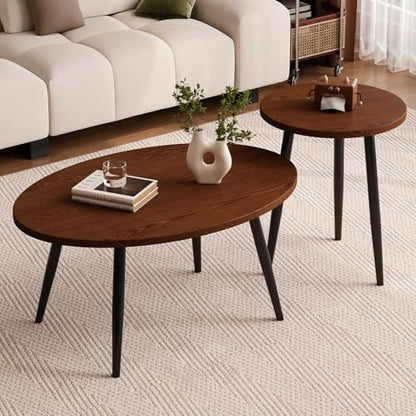 2 Pcs Small Oval Coffee Table,31.5" Retro Walnut Coffee Tables Nesting Tables Set,Easy Assembly Mid Century Modern Coffee Tables for Living Room Office,Coffee Table and End Table Sets - color: Oval-walnut