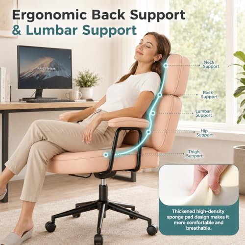 Ergonomic Home Office Desk Chair, PU Leather Computer Chair with Lumbar Support, Adjustable Height, 360° Swivel Rolling Wheels, Executive Task Chair for Office, Gaming, Meeting Room, Pink - color: Pink-standard Mid Back