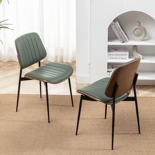 LUNLING Dining Room Chairs Mid Century Modern Retro Green Faux Leather Chair with Walnut Bentwood Upholstered Seat Metal Legs Kitchen Chairs Adjustable Foot for Kitchen Dining Room,1PCS - color: Green, size: 1PCS