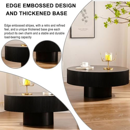 Round Fluted Drum Coffee Table with Pedestal Base | 30.9'' Modern Black Wooden Drum Center Table, Handcrafted Wood Fluted Edge, For Living Room & Apartment - color: Black Thick