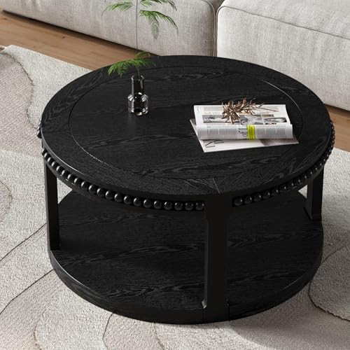 Round Wood Coffee Table, Farmhouse Rustic Circle Coffee Tables, 2-Tier Solid Wood Coffee Table for Living Room Apartment Office-31.5'' Black - color: 2tier-black Wood, size: 31.5''Round
