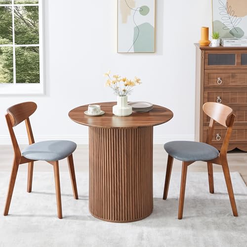 31.5" Round Dining Table for 2 People, Small Kitchen Dinner Table with Fluted Wood Base, Farmhouse Circle Dining Tables for Home, Kitchen, Dining Room, Living Room (Walnut) - color: Walnut