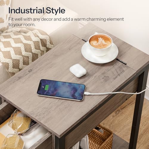 HOOBRO End Table with Charging Station, Narrow Side Table, Small Nightstand, Bedside Tables with Drawer and Storage Shelves, for Small Spaces, Living Room, Bedroom, Greige and Black BG041BZ01G1 - color: Greige+black