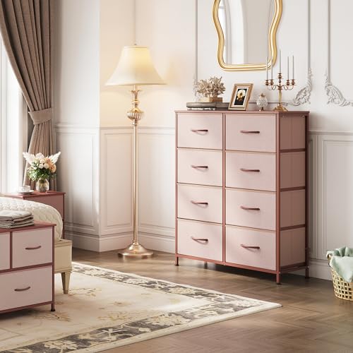 WLIVE Fabric Dresser for Bedroom, Tall Dresser with 8 Drawers, Storage Tower with Fabric Bins, Double Dresser, Chest of Drawers for Closet, Playroom, Dormitory, Pink and Rose Gold | Pink 8-drawer tall storage tower with fabric bins and wood tabletop, brea
