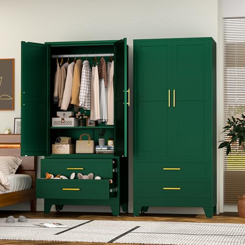 RIETERN Metal Armoire Wardrobe Closet, 71" Tall Green Bedroom Closet | with 2 Drawers, Adjustable Shelves, and Hanging Rod, Steel clothes closets and Storage, for Bedroom - color: No Mirror-green, size: 2 Drawers