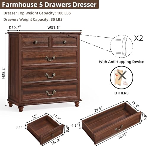 Joaxswe Farmhouse 5 Drawer Dresser Set of 2 for Bedroom, 35" Tall Rustic Chests of Drawers w/ 4 Solid Wood Feet, Mid Century Vintage Wooden Closet Storage Dressers Organizer for Living Room,Brown - color: Brown, size: 15.7"D x 31.5"W x 35.2"H (5 Drawers)