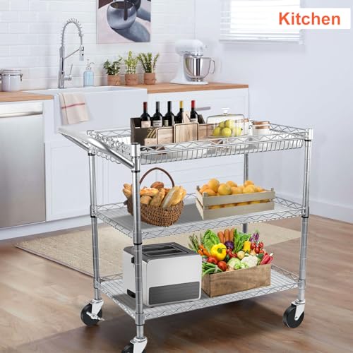 BolDuck Heavy Duty Utility Cart, 990Lbs Capacity 3 Tier Rolling Carts with Wheels, Kitchen Cart on Wheels with Storage, Commercial Grade Metal Serving Carts with Wire Shelving &Handle Bar, Silver - color: Silver
