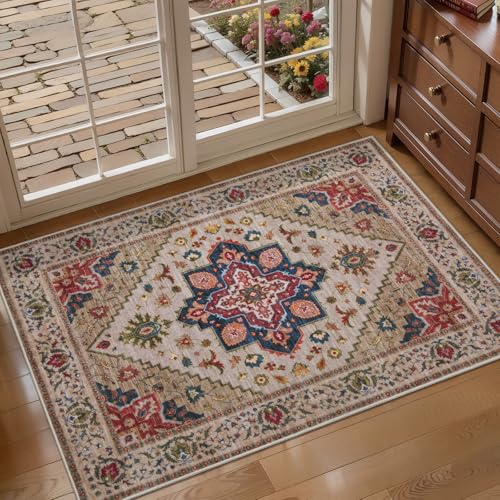 Tangsoo Vintage Small Area Rug, 2x3 Washable Rugs for Entryway Non Slip | Oriental Indoor Front Door Rug Mat, Soft Low Pile Small Carpet Throw Rugs for Entry Entrance Kitchen Bedroom Beige/Red - color: Beige/Red, size: 2' X 3' (Rectangular)