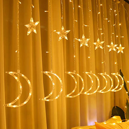 138 Led Curtain String Light Star Moon Icicle Light with 8 Lighting Modes Timer USB Operated Dimmable Fairy String for Window Wall Home Decoration Warm White - size: Moon and Star