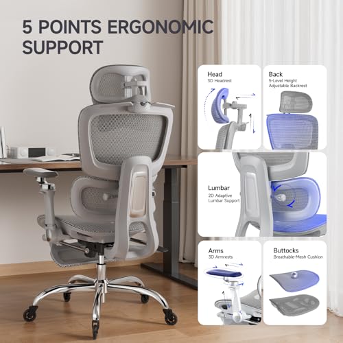 Office Chair with Footrest, Ergonomic Chair with 3D Headrest, Computer Chair with Adjustable Backrest & 6D Armrest, Gaming Chair with Adaptive Lumbar Support, Adjustable Seat Depth, Grey - color: Grey, style: Plus