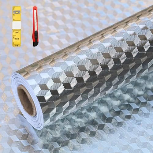 Soqool Oil Proof Kitchen Wallpaper Peel and Stick Backsplash Sticker Self Adhesive Contact Paper for Drawer Cabinet Shelf Liner, Waterproof Table/Countertop Cover 15.7" W x 393.7" L - color: Silver-3dcube, size: 15.7"W x 393.7"L