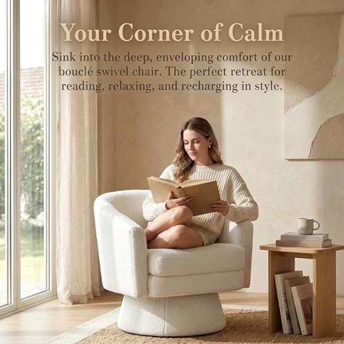 HNY Set of 1 Swivel Barrel Accent Chair, White Boucle | 360° Swivel Cozy Vanity Armchair, Sherpa Round Lounge Reading Chair, Comfy Club Side Chair - size: 1 Chair