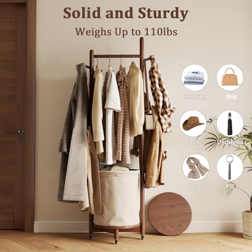 CycleCrew Solid Wood Coat Rack with Fabric Basket - Freestanding Coat Rack Rolling Coat Tree with 9 Hooks Wheels, Small Clothes Rack For Entryway Bedroom Hallway Living Room - color: Walnut Brown