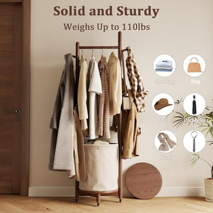 CycleCrew Solid Wood Coat Rack with Fabric Basket - Freestanding Coat Rack Rolling Coat Tree with 9 Hooks Wheels, Small Clothes Rack For Entryway Bedroom Hallway Living Room - color: Walnut Brown