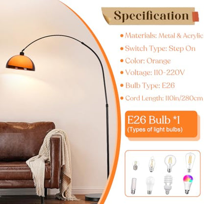 Arc Floor Lamp for Living Rooms Orange Mushroom Two-Layered 70" Modern Floor Lamp with Marble Base Arch Standing Lamp for Living Rooms, Home Offices, Dining Rooms, Bedrooms,Acrylic Lampshade