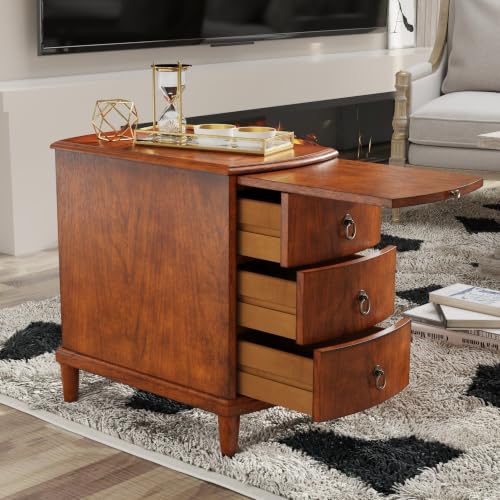 Narrow End Side Table with Slide-Out Tray and 3 Storage Drawers, Wood Sofa Beside Table for Small Space, No-Tools Assembly, Nighstand for Bedroom, Living Room, 13”W x 22”L x 22.6”H,Beeswax BG-A1569-MG