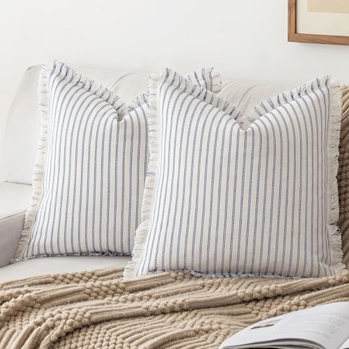 YEENAASY Throw Pillow Covers 26x26 Boho Striped Pillow Cases with Tassel | Set of 2 Fringe Pillow Cover Farmhouse Cushion Covers Neutral Pillows Decorative Square Pillowcase for Couch Sofa Bed, Blue - color: Blue, size: 26" x 26" (Pack of 2)