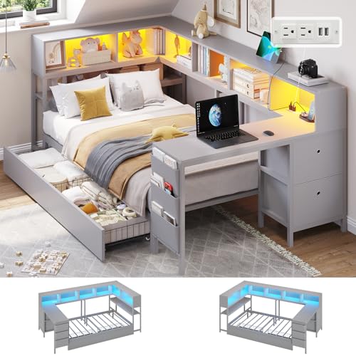 DICTAC Twin Corner Bed Frame with Desk and Storage Bookcase, Twin Size Platform Bed Frame with 4 Storage Drawers,Charging Station and LED Lights,Modern Daybed for Kids and Teen with Drawers,Grey - color: Grey, size: Twin