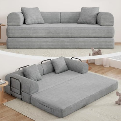 77" Convertible Sofa Bed, Modular Folding Futon Corduroy Floor Foam Compressed Loveseat Sleeper Sofa Couch, Pull Out Queen Size Couch Bed with 2 Pillows for Living Room Guest Room Studio, Light Grey