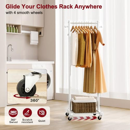 SLEEPING LAMB Small Clothes Racks for Hanging Clothes, Rolling Clothing Rack with Shelves, 60" Metal Garment Rack with Wheels Portable Wardrobe Rack for Small Space, White - color: White